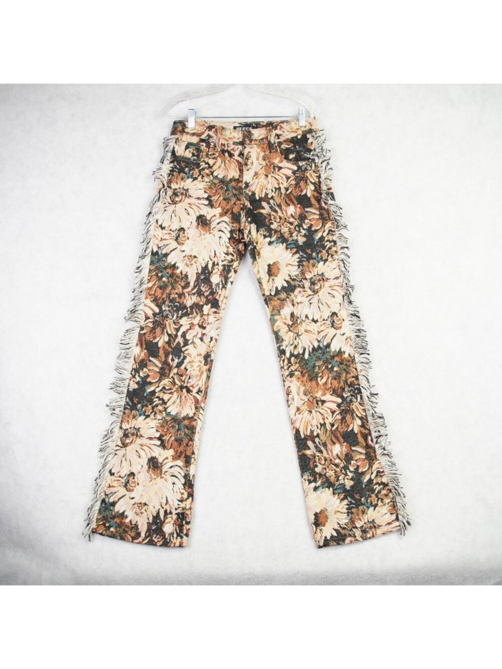 Politics PLTKS Woven Stacked With Frey Jeans Mens Size 30x32 Beige Floral Fringe